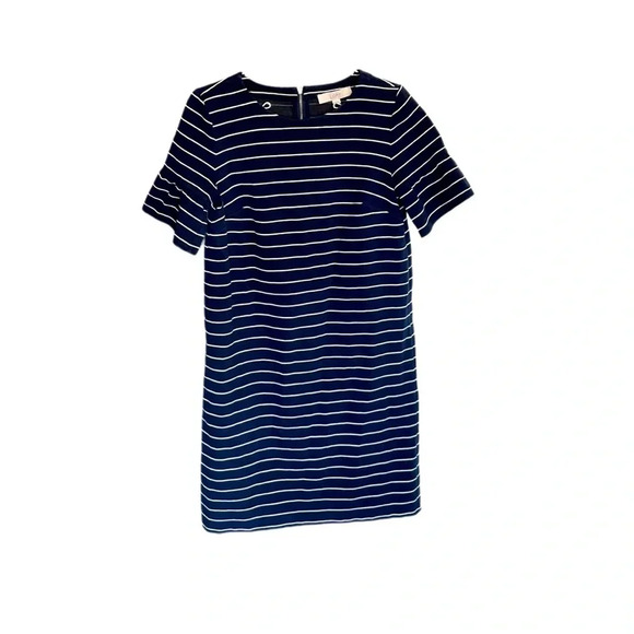LOFT Navy White Striped Ruffle Sleeve Knee Length Dress Women’s Medium - Picture 1 of 11